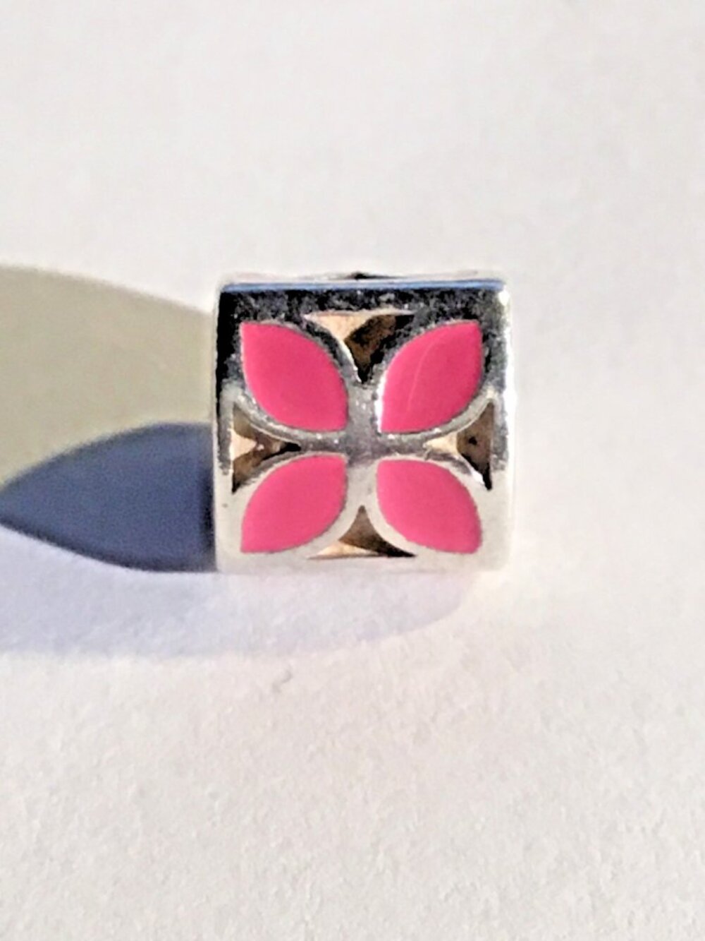 Pandora 925 Sterling Silver Retired Pink Enameled Floral Flower Block Charm